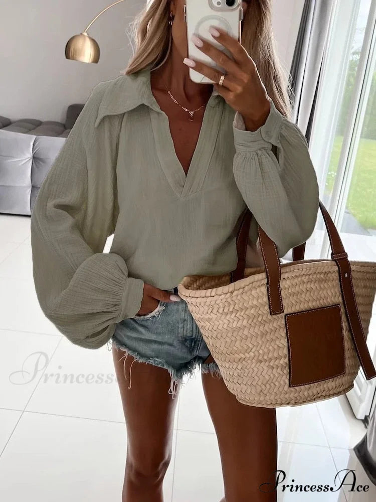 Solid Color Long Sleeve Cotton Blouse