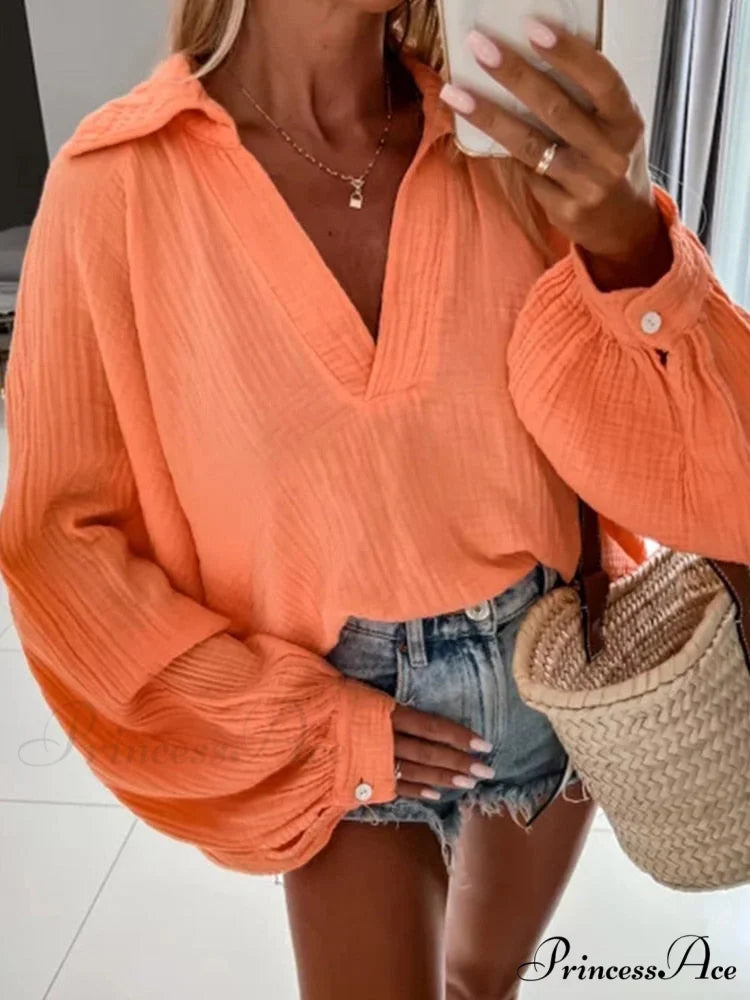 Solid Color Long Sleeve Cotton Blouse
