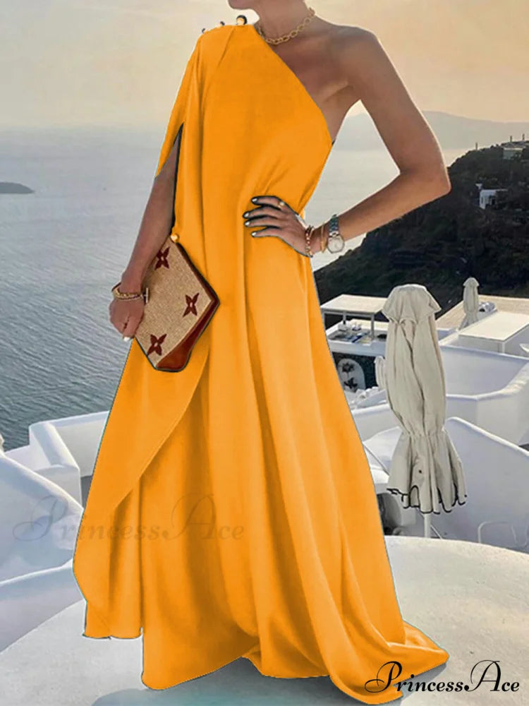 Solid Color Loose Charming One Shoulder Maxi Dress