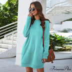Solid Color Round Neck Long Sleeve Dress