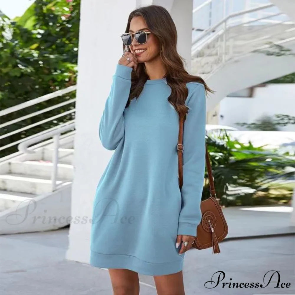Solid Color Round Neck Long Sleeve Dress