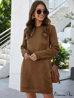 Solid Color Round Neck Long Sleeve Dress