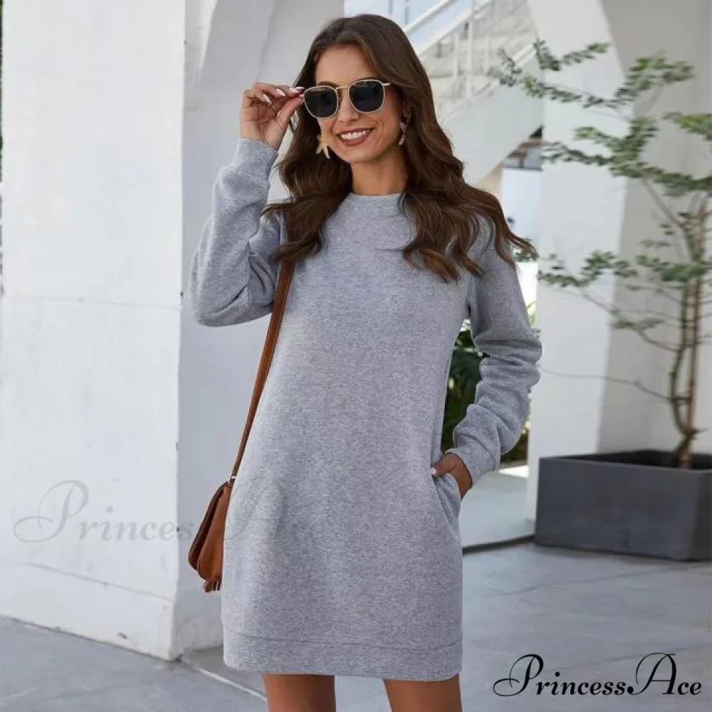Solid Color Round Neck Long Sleeve Dress