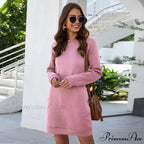 Solid Color Round Neck Long Sleeve Dress