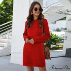 Solid Color Round Neck Long Sleeve Dress