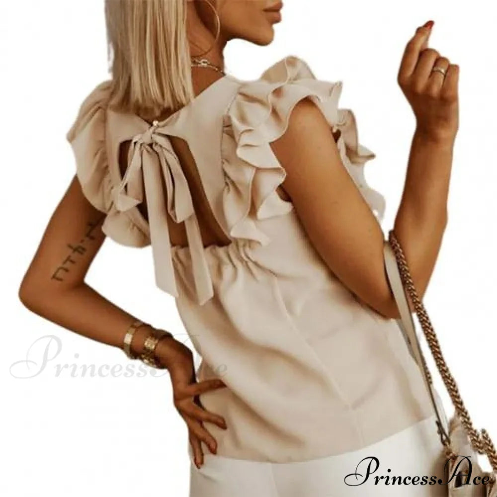 Solid Color Ruffle Sleeveless Backless Elegant Blouse