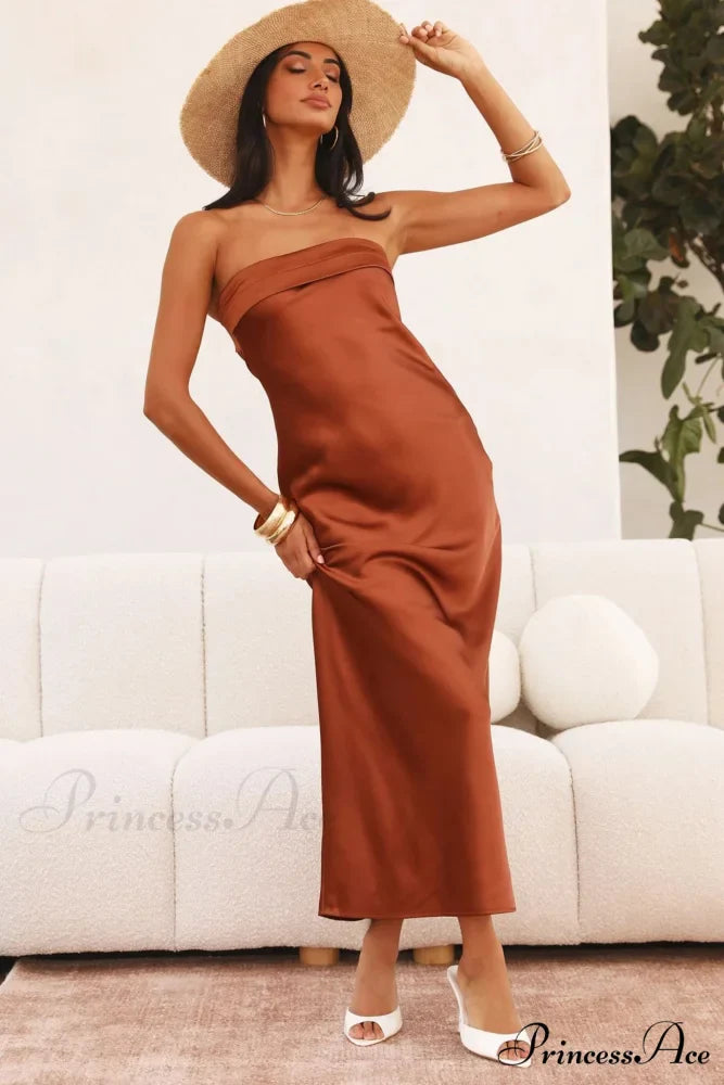 Solid Color Satin Strapless Midi Dress