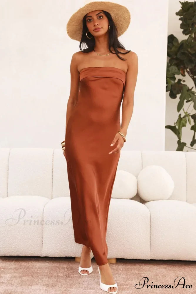 Solid Color Satin Strapless Midi Dress