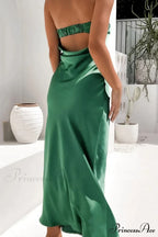 Solid Color Satin Strapless Midi Dress