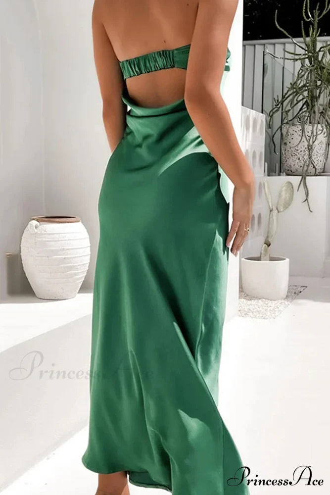 Solid Color Satin Strapless Midi Dress