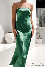 Solid Color Satin Strapless Midi Dress