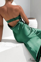 Solid Color Satin Strapless Midi Dress