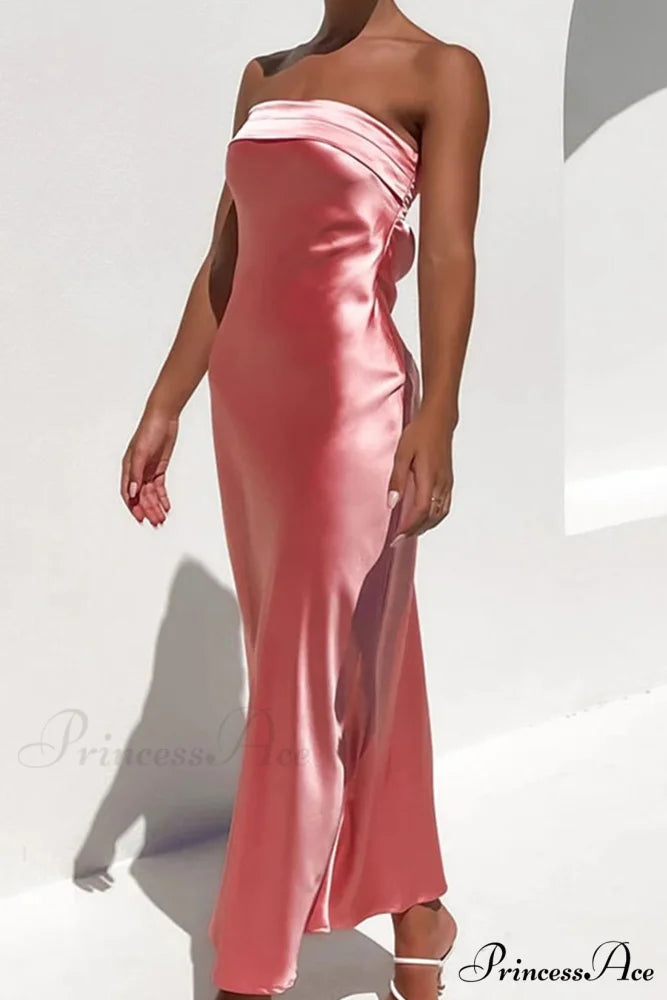 Solid Color Satin Strapless Midi Dress