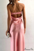 Solid Color Satin Strapless Midi Dress