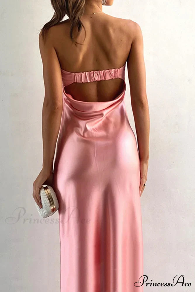Solid Color Satin Strapless Midi Dress