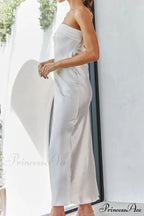 Solid Color Satin Strapless Midi Dress