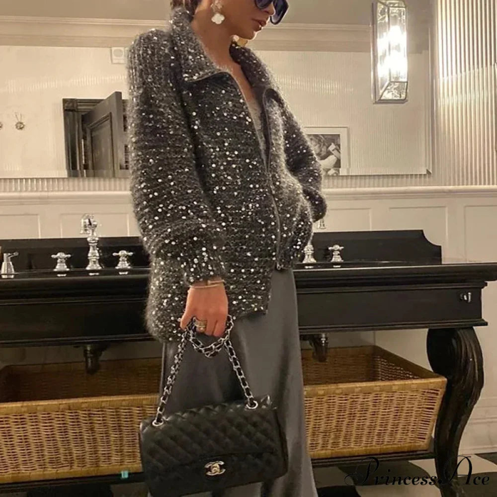Solid Color Sequin Turtleneck Cardigan