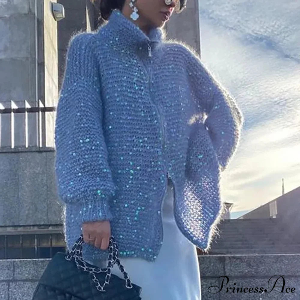 Solid Color Sequin Turtleneck Cardigan