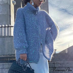 Solid Color Sequin Turtleneck Cardigan