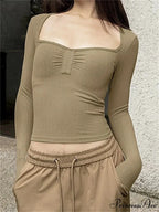 Solid Color Square Neck Ruched Crop Tops T-Shirts