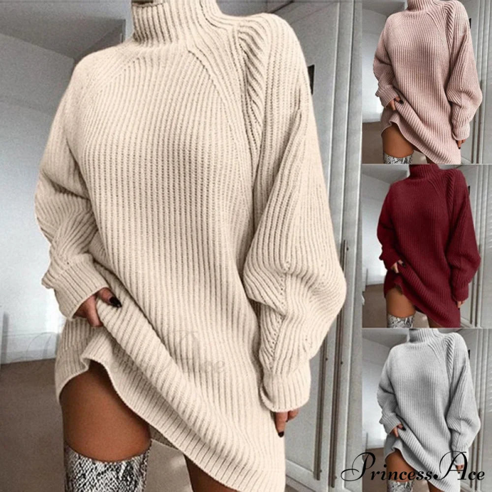 Solid Color Turtleneck Sweater Knitted Mini Dress
