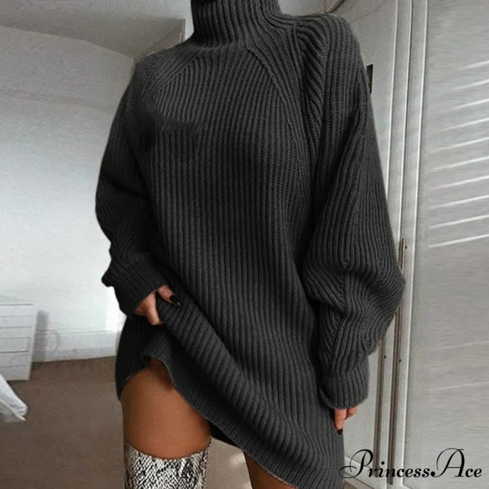 Solid Color Turtleneck Sweater Knitted Mini Dress