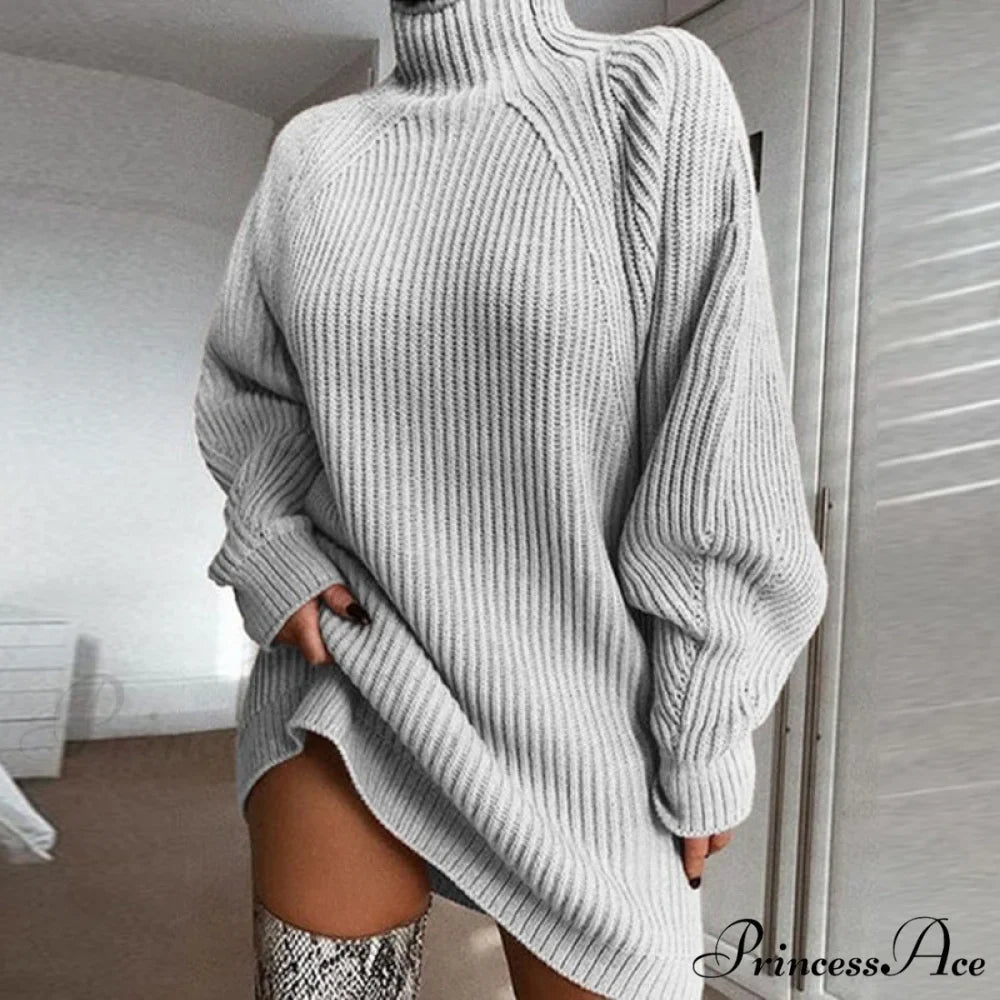 Solid Color Turtleneck Sweater Knitted Mini Dress