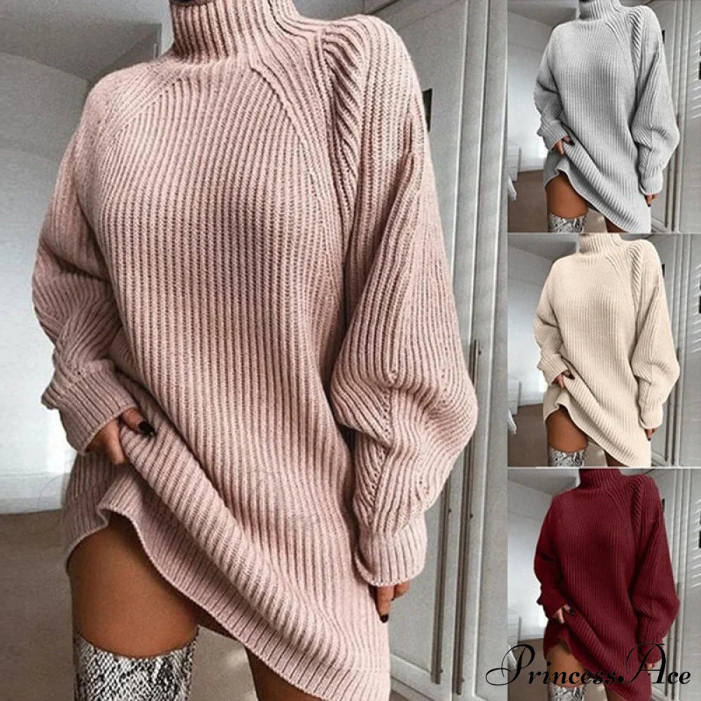 Solid Color Turtleneck Sweater Knitted Mini Dress