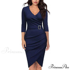 Solid Color V Neck 3/4 Sleeve Pencil Dress