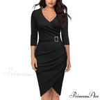 Solid Color V Neck 3/4 Sleeve Pencil Dress