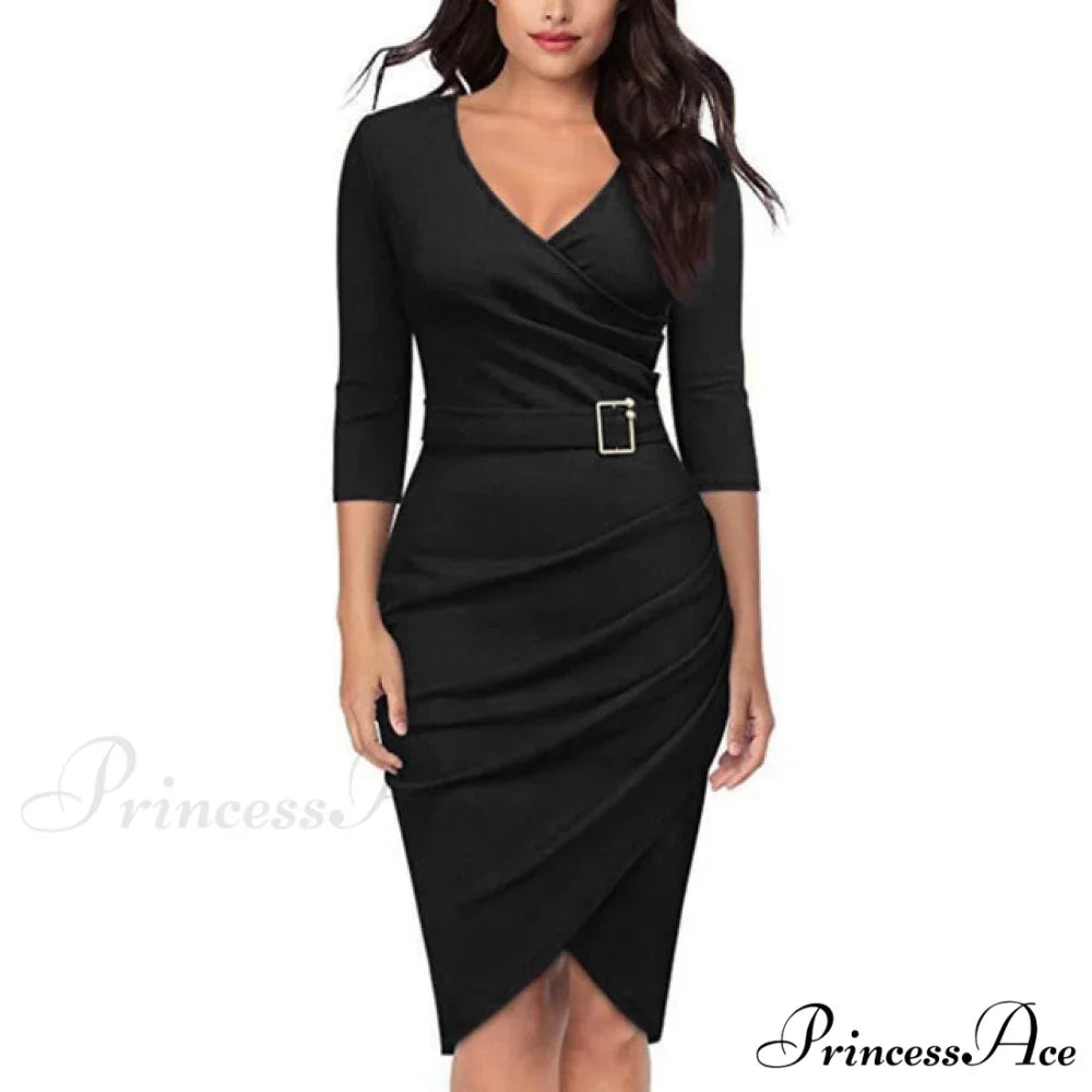Solid Color V Neck 3/4 Sleeve Pencil Dress