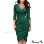 Solid Color V Neck 3/4 Sleeve Pencil Dress