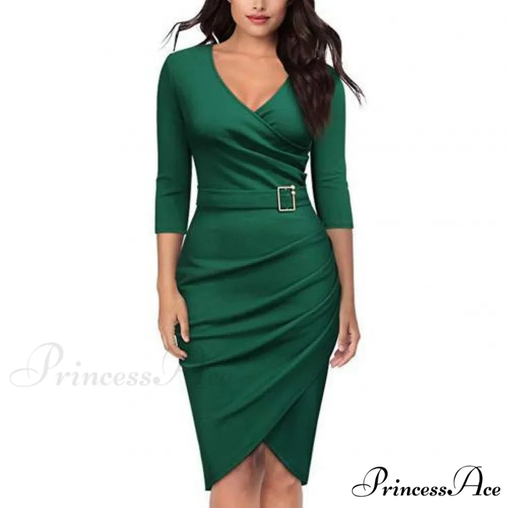 Solid Color V Neck 3/4 Sleeve Pencil Dress