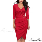 Solid Color V Neck 3/4 Sleeve Pencil Dress