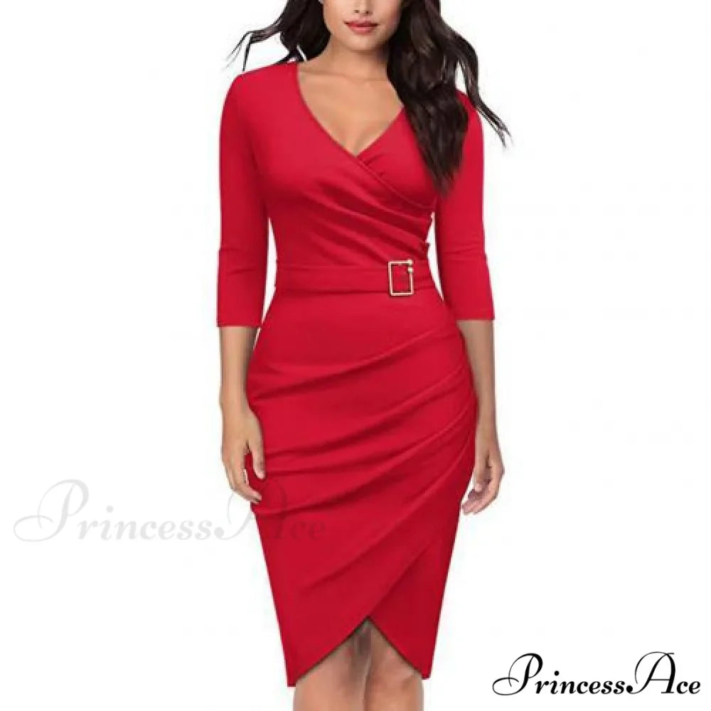 Solid Color V Neck 3/4 Sleeve Pencil Dress