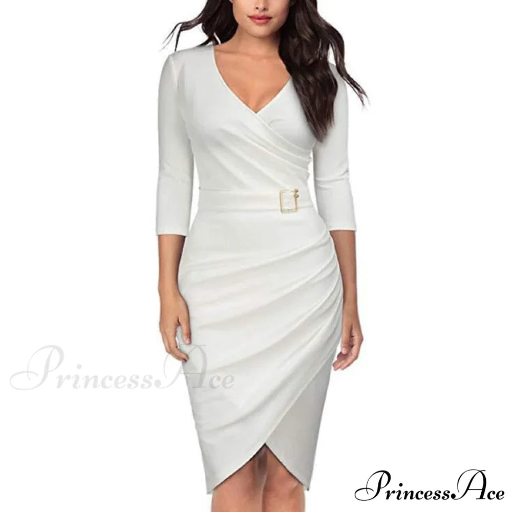 Solid Color V Neck 3/4 Sleeve Pencil Dress