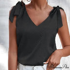 Solid Color V Neck Sleeveless Bow Tie Strap Lacing Blouse