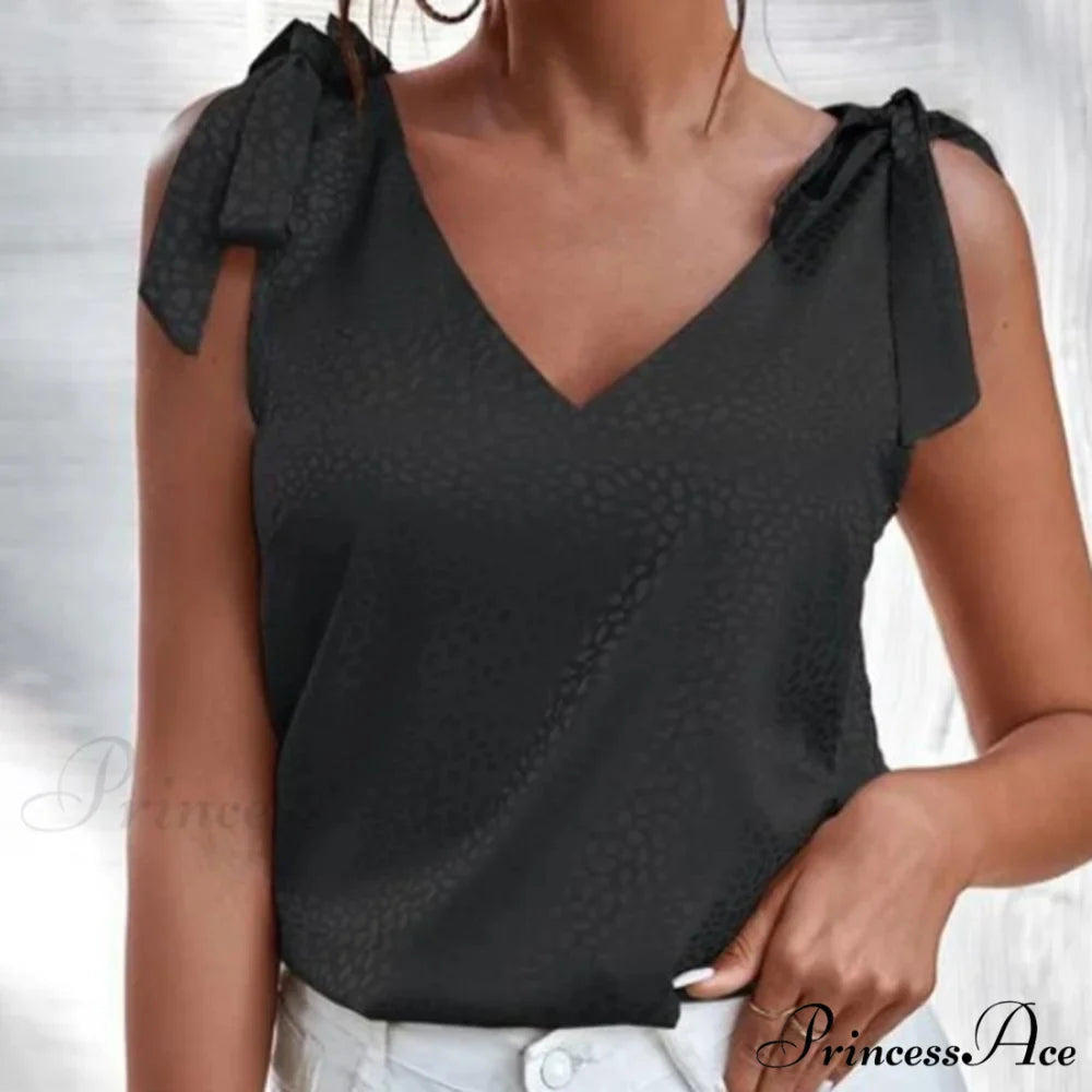 Solid Color V Neck Sleeveless Bow Tie Strap Lacing Blouse