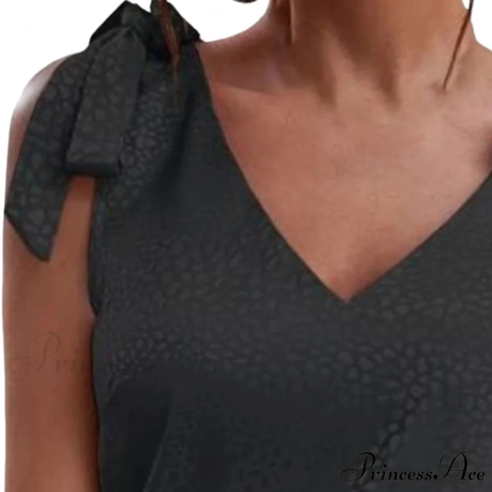 Solid Color V Neck Sleeveless Bow Tie Strap Lacing Blouse
