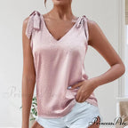 Solid Color V Neck Sleeveless Bow Tie Strap Lacing Blouse