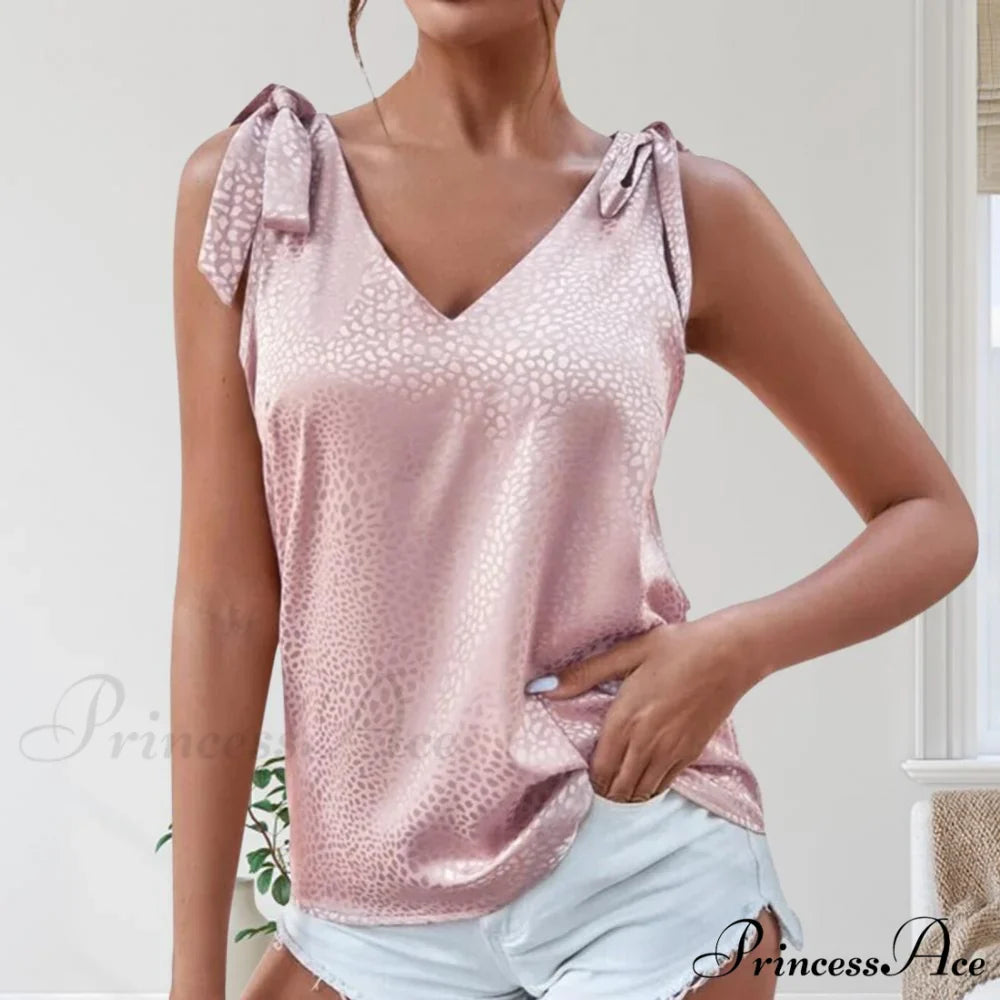 Solid Color V Neck Sleeveless Bow Tie Strap Lacing Blouse