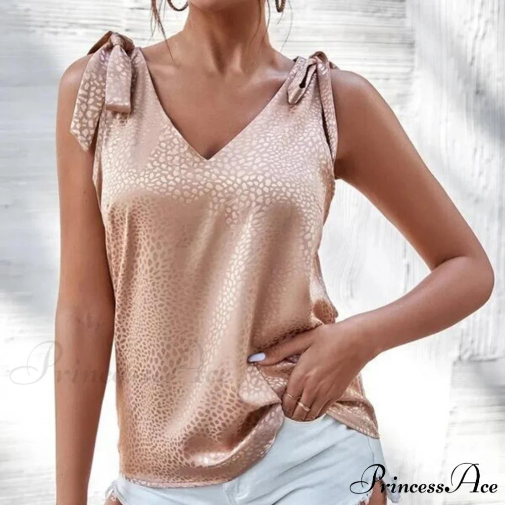 Solid Color V Neck Sleeveless Bow Tie Strap Lacing Blouse