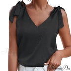 Solid Color V Neck Sleeveless Bow Tie Strap Lacing Blouse