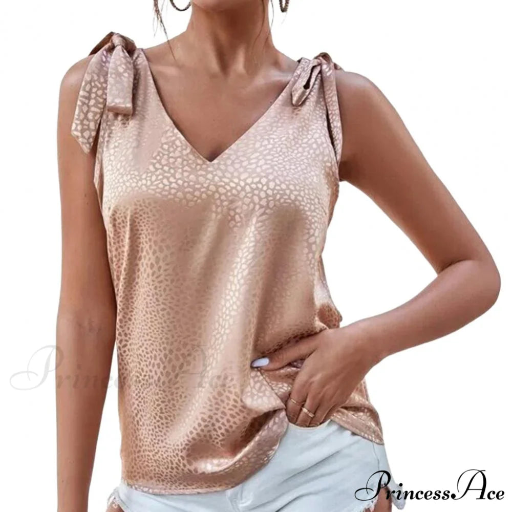 Solid Color V Neck Sleeveless Bow Tie Strap Lacing Blouse