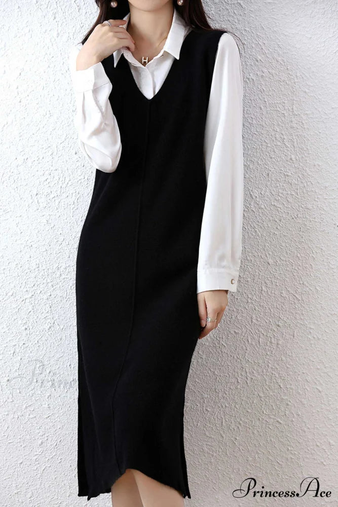 Solid Color Wool Tank Dress with V Neck
