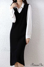 Solid Color Wool Tank Dress with V Neck
