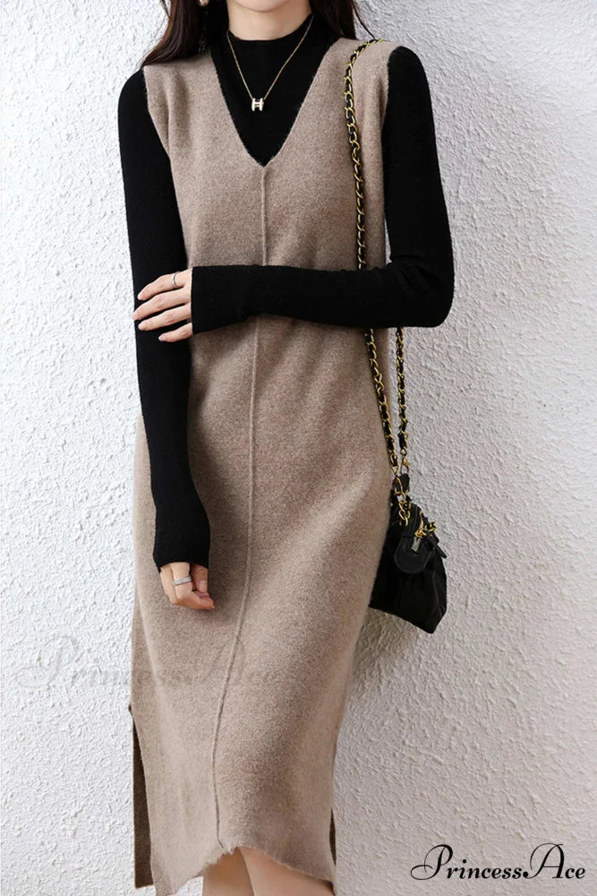 Solid Color Wool Tank Dress with V Neck