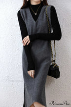 Solid Color Wool Tank Dress with V Neck