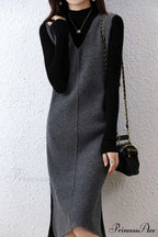 Solid Color Wool Tank Dress with V Neck