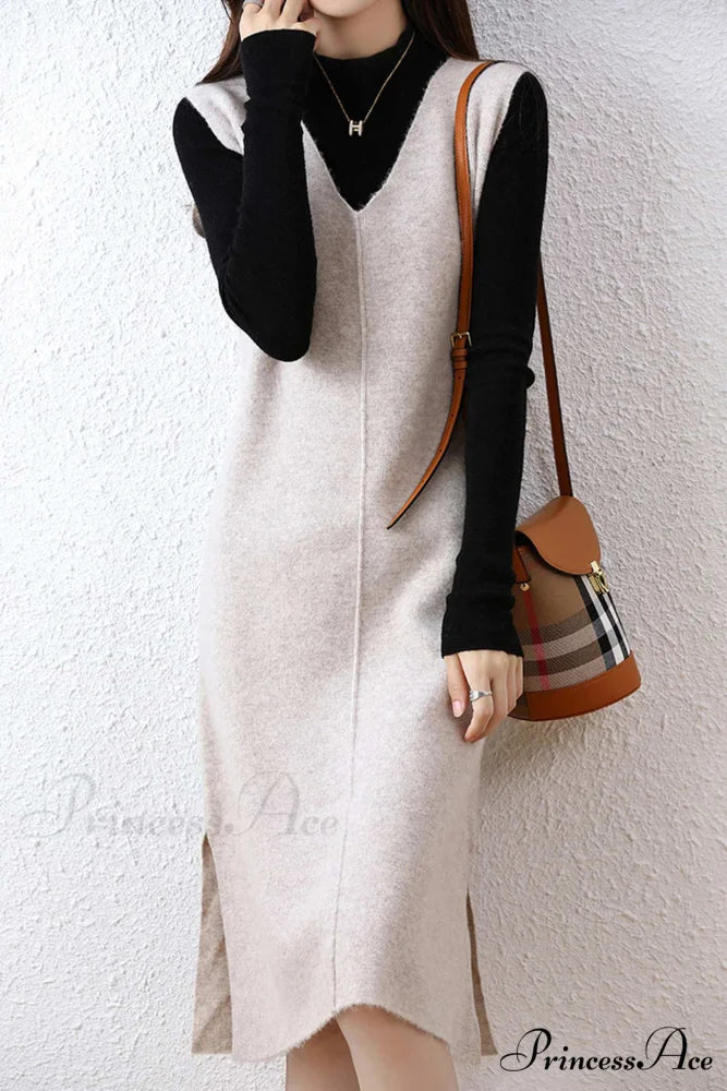 Solid Color Wool Tank Dress with V Neck